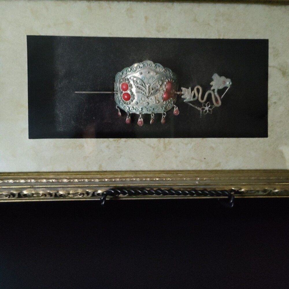 OLD Tibet Silver Hairpin Inlaid Red Coral & Gray Sapphire Dragon in Shadowbox